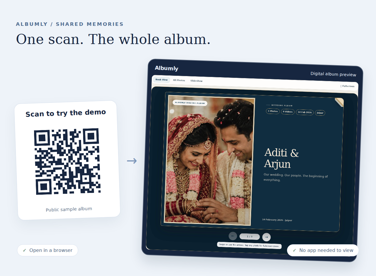 An Albumly sample QR code beside a digital wedding album, showing how scanning opens the album in a browser