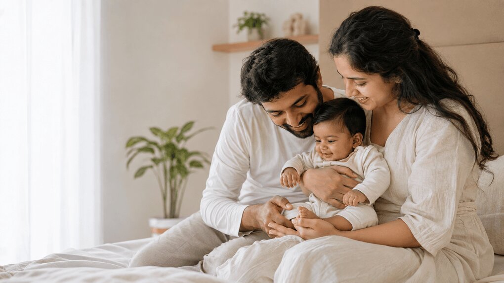 Indian parents smiling with their baby