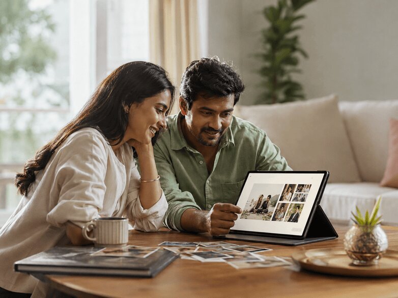 Couple looking through a digital album